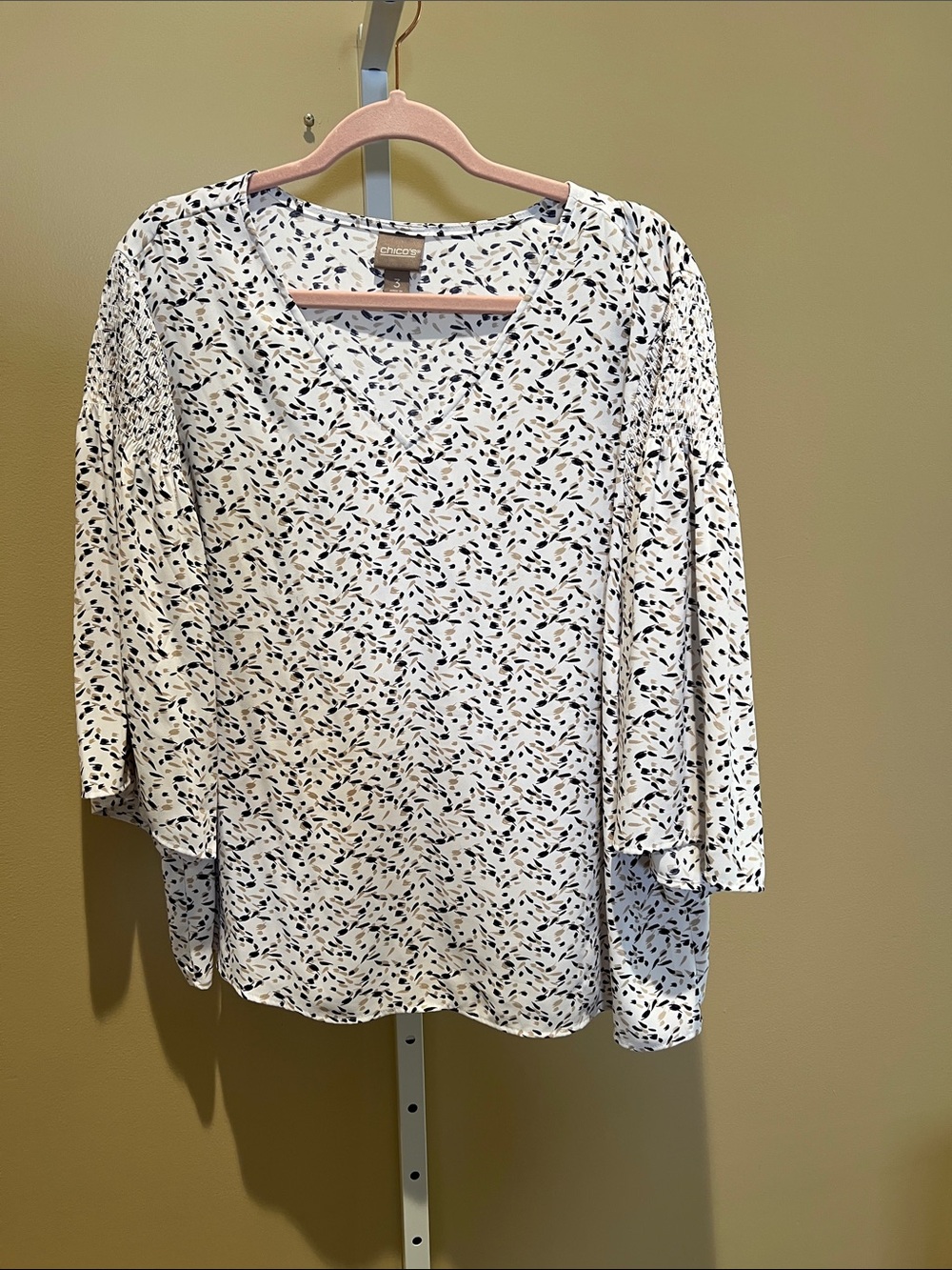 Chico's Cream Blouse with Navy Leaf Print